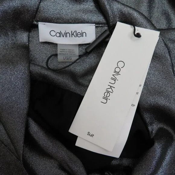 Calvin Klein Womens Large Metallic Silver Gray Sleeveless Neck Tie Shirt Blouse - Picture 5 of 8